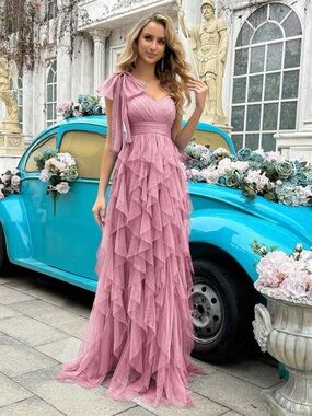 COLOR: PINK - Elegant Pink Ruffled V-Neck Evening Dress